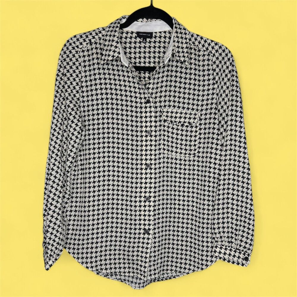 Women's Black and White Houndstooth Businesscore Button Down Blouse
